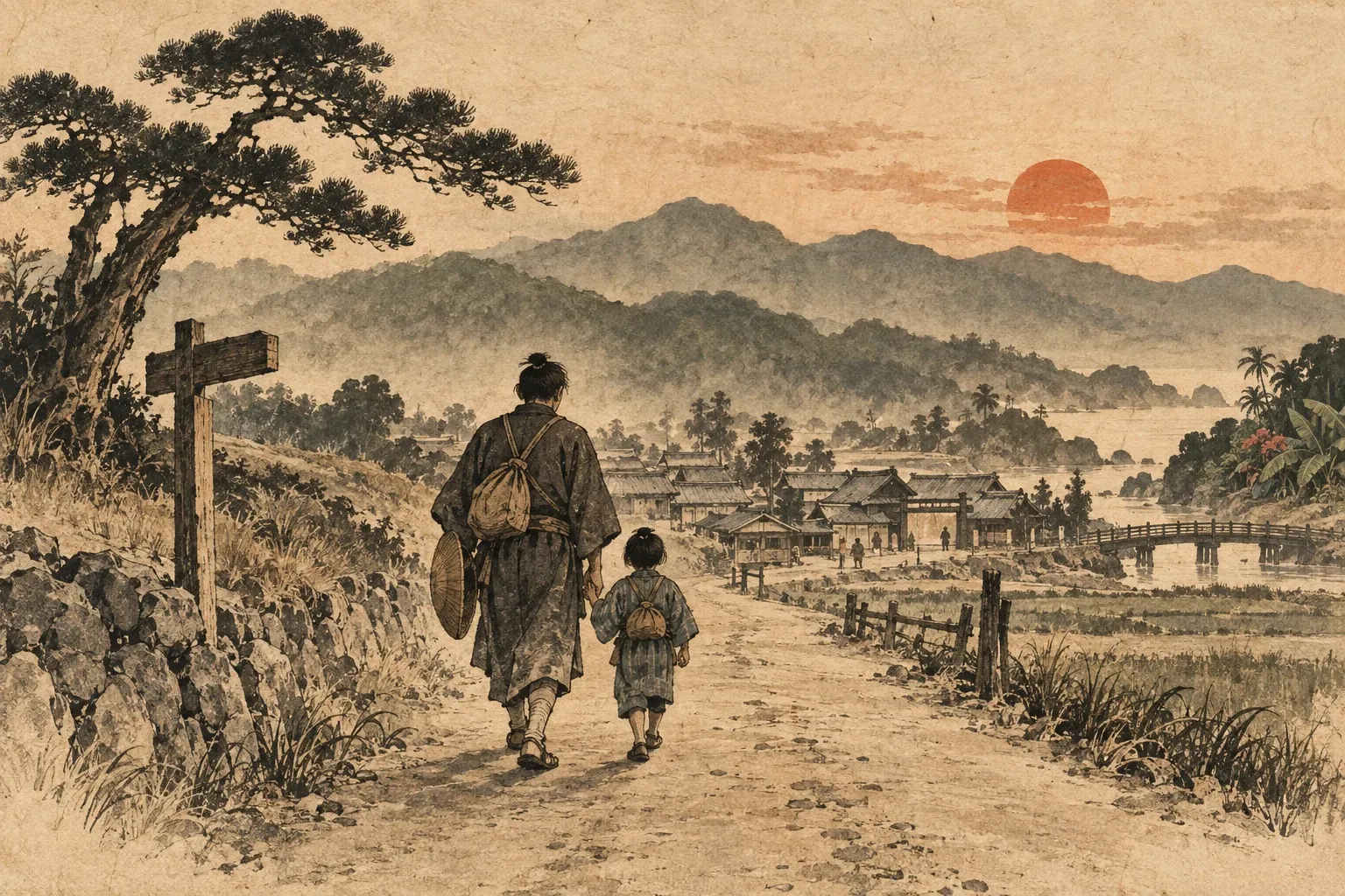 江戸時代風の宿場へ続く道を、父親と幼い子どもが並んで歩く水墨画