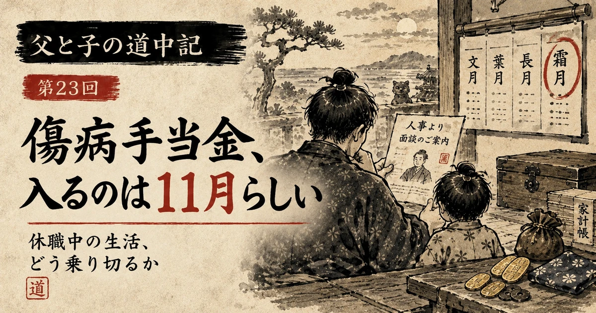 傷病手当金の支給時期と家計を、父親と子どもが確認する江戸時代風の水墨画
