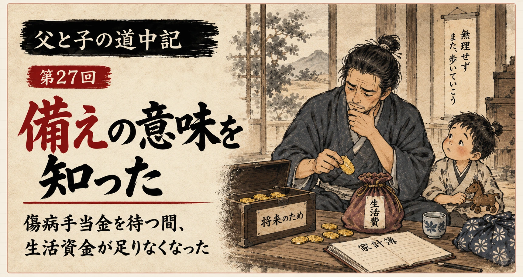 将来のために貯めていた小判を生活費へ移し、備えの意味を考える父親と子どもを描いた江戸時代風の水墨画